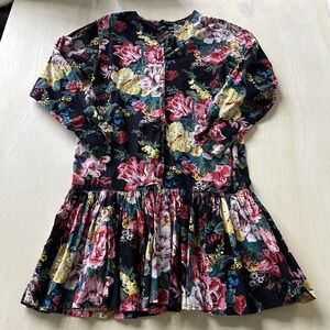 Just Class Shirt Dress Womens Large Black Floral Cotton Button Front Long Sleeve